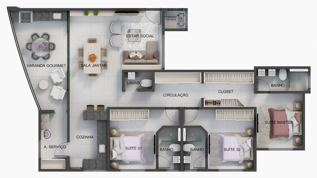 Planta de 123,37m² com 3 suítes, sala de estar e jantar, cozinha, lavabo, área de serviço e varanda gourmet.