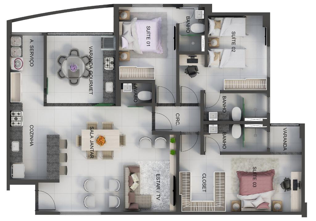Planta de 199,99m² com 3 suítes, sala de estar e jantar, cozinha, lavabo, área de serviço e varanda gourmet.