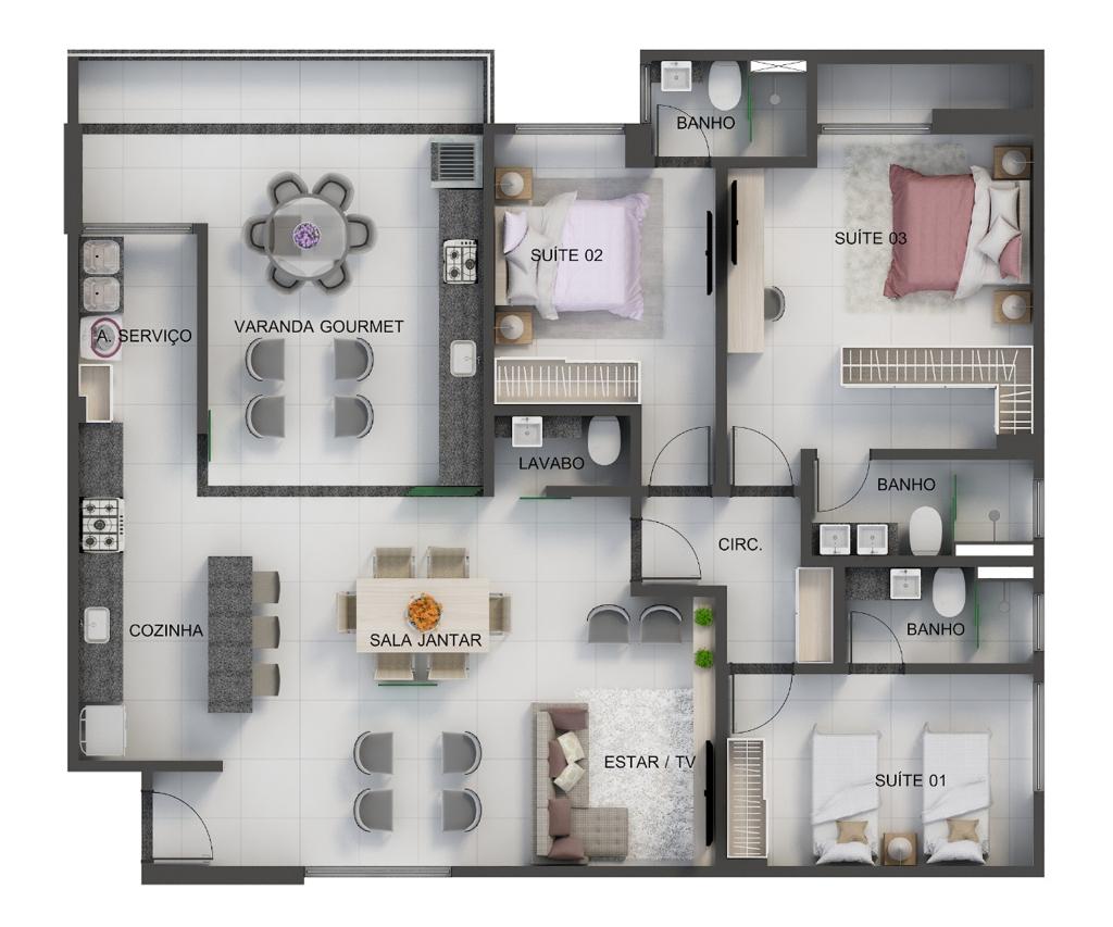Planta de 143,80m² com 3 suítes, closet, sala de estar e jantar, cozinha, lavabo, área de serviço e varanda gourmet.