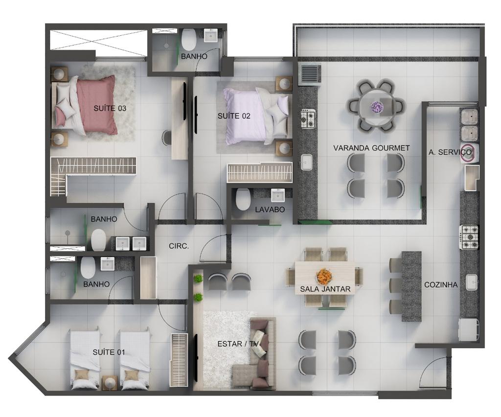 Planta de 141,03m² com 3 suítes, closet, sala de estar e jantar, cozinha, lavabo, área de serviço e varanda gourmet.