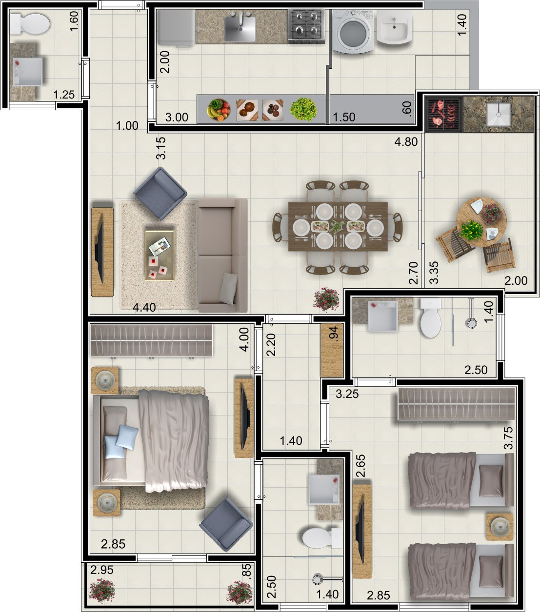 O edifício contém 1 torre, 2 elevadores, 2 subsolos, térreo e 15 andares com 2 apartamentos de 83 m² cada por andar. As unidades possuem 2 suítes espaçosas, lavabo, lavanderia com excelente ventilação, varanda (ideal para criar um espaço gourmet no imóvel), sala, cozinha, sacada e vaga de garagem coberta.
O condomínio conta com uma aconchegante área de convívio, ideal para realização de reuniões com famílias e amigos, com mesas e uma cozinha e copa independente. Além disso, possui academia e brinquedoteca, localizados no térreo do empreendimento.